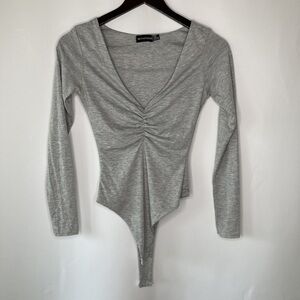 PrettyLittleThing Shape Grey Jersey Ruched Long Sleeve Bodysuite Size Medium